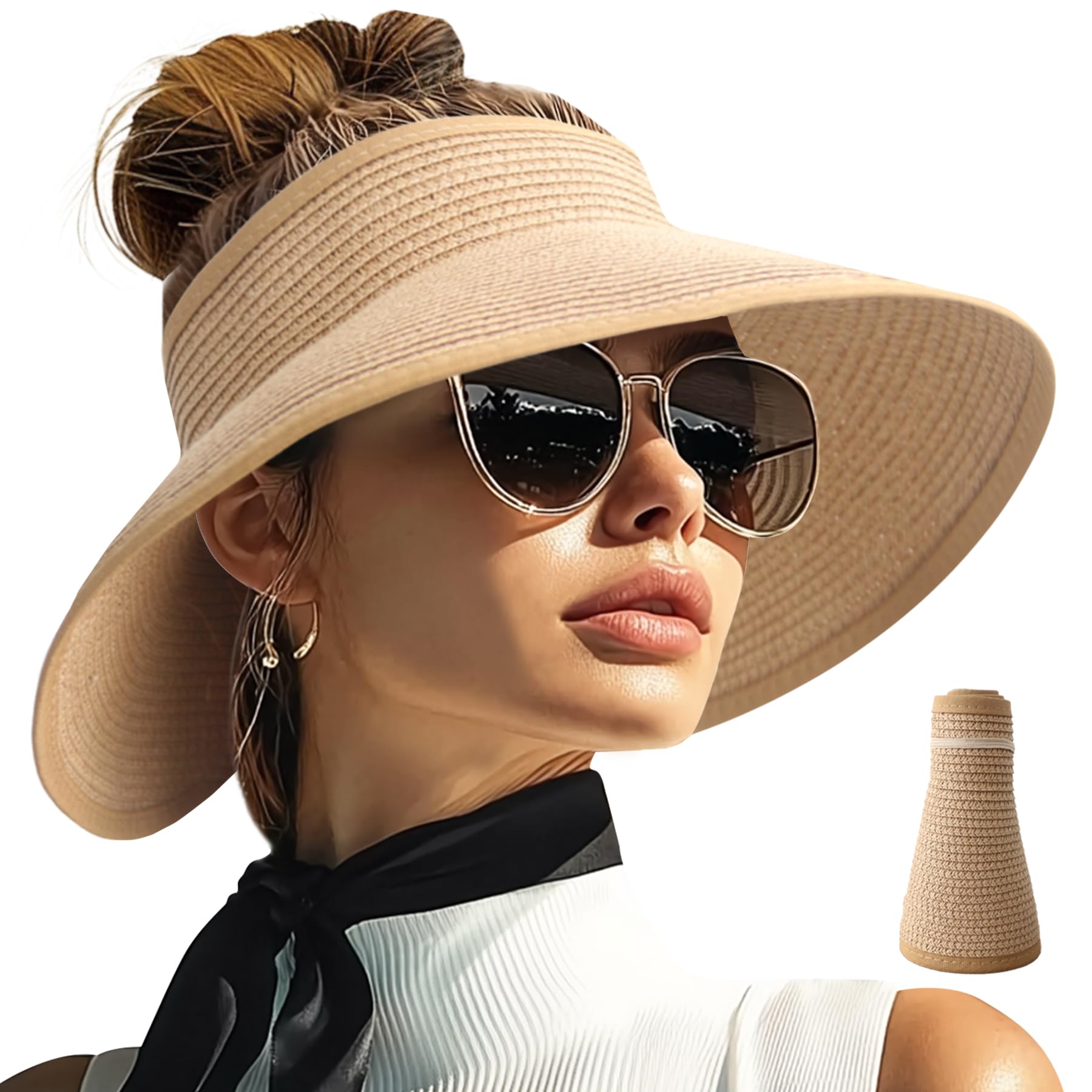 PFFY Sun Hats for Women Straw Beach Hat Packable Foldable Wide Brim Ponytail Travel Visor