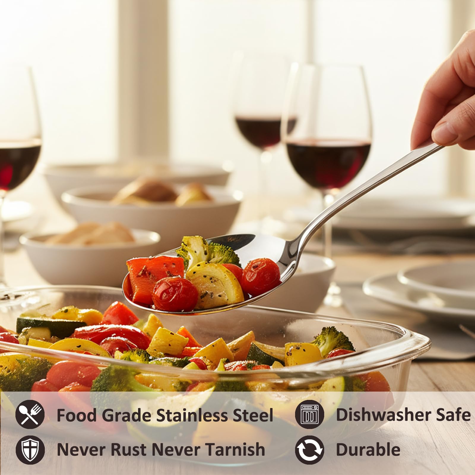 Extra große Servierlöffel, 12 Stück, 29 cm, lebensmittelecht, 18/8 Edelstahl, Servierlöffel für Buffet, Besteck-Set, Servierutensilien für Catering, spülmaschinenfest, hochglanzpoliert