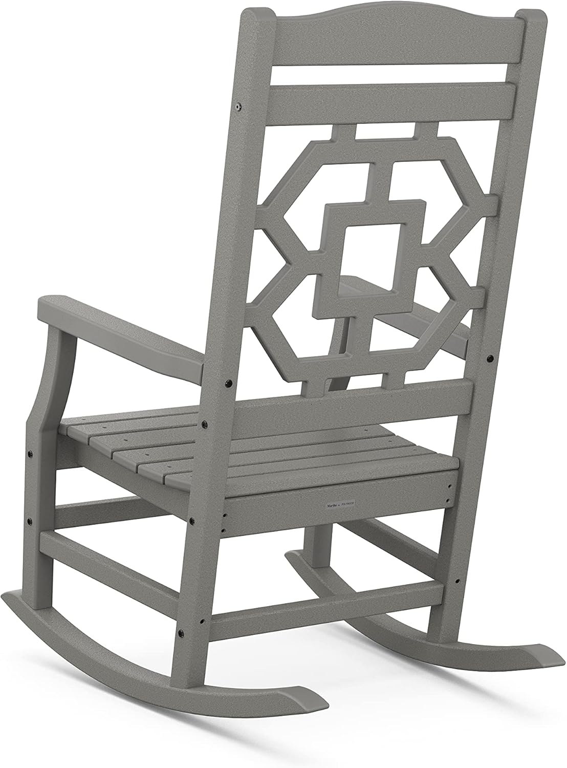 Martha Stewart by POLYWOOD Chinoiserie 3-Piece Outdoor Rocking Chair Set with Patio Side Table, Slate Grey, HDPE All-Weather Furniture, Classic Porch Rockers for Deck, Garden & Backyard, Made in USA