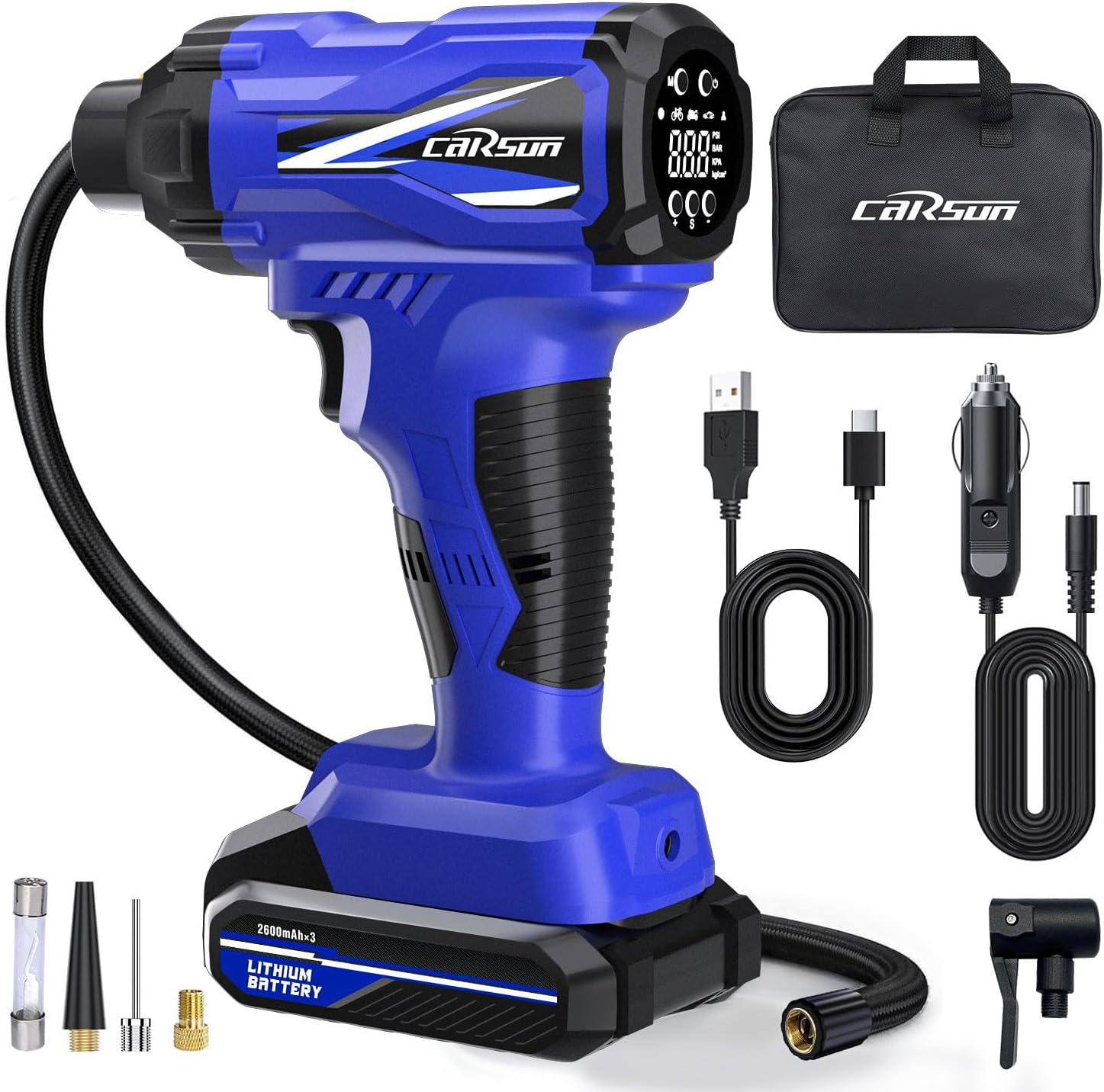 CARSUN Tire Inflator Portable Air Compressor, 150PSI Cordless Tire Pump with DC 12V/Battery Dual Power Supplies, Portable Handheld Air Pump, Digital Pressure Gauge for Car Tires, Bicycles, Balls, Blue