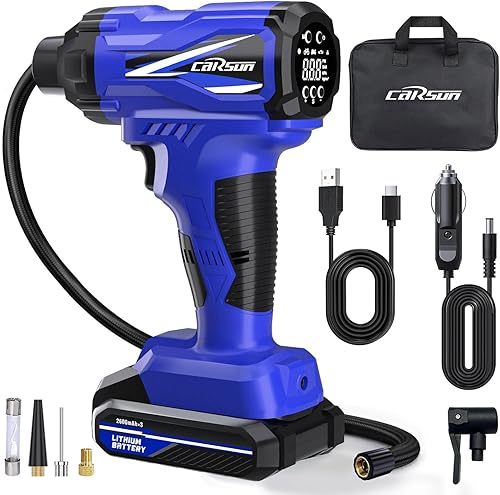 CARSUN Inflador de neumáticos, compresor de aire portátil, bomba de neumáticos de coche inalámbrica con batería recargable de iones de litio 150PSI,