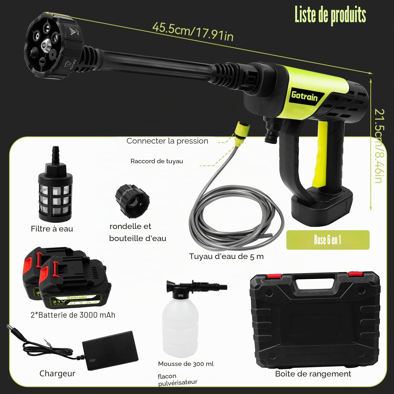Nettoyeur haute pression sans fil 6 en 1 21 V 30 bar - Nettoyeur haute pression mobile avec 2 batteries de 3,0 Ah - Pistolet à mousse portable - Pour voiture, maison, pelouse, jardin, clôture - Tuyau