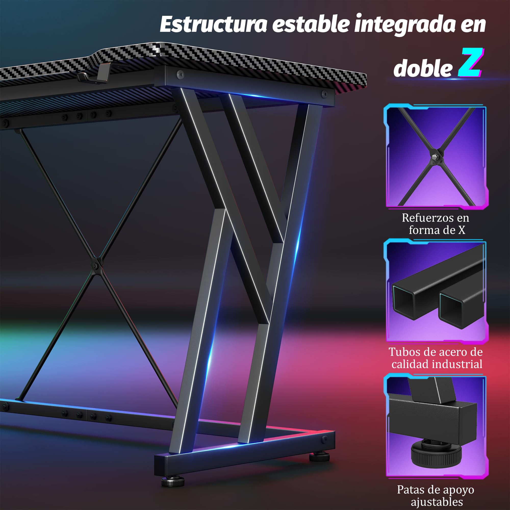 Escritorio Gaming LED 100 x 60 cm, Mesa de Ordenador con Banda RGB, Escritorio Gamer de Fibra de Carbono Ergonómicas, con Portavasos y Gancho para Auriculares, Negro