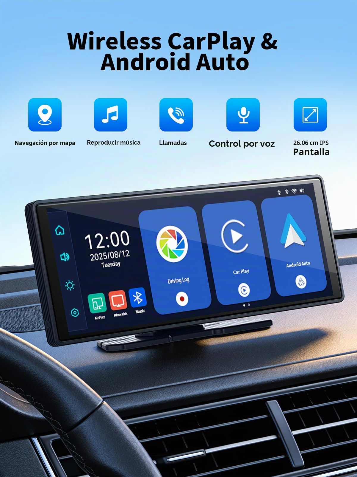 10.26" Pantalla Carplay Coche para Apple y Android, Cámara Trasera HD 1080P, Soporte Magnético, OTA, Bluetooth, Navegación GPS, Control por Voz Manos Libres, Mirror Link, FM, AUX