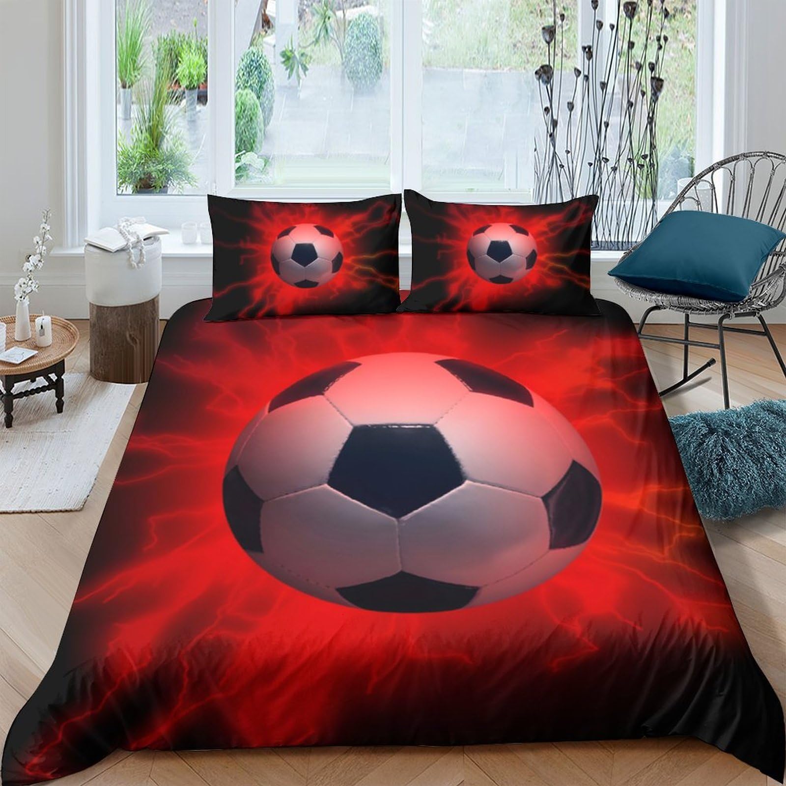 GPLZQXKJNH 3D Printed Football Explosion Duvet Cover Microfiber Soft Breathable Soccer Bedding Set with 2 Pillowcases for Bedroom Decor Single（135x200cm）