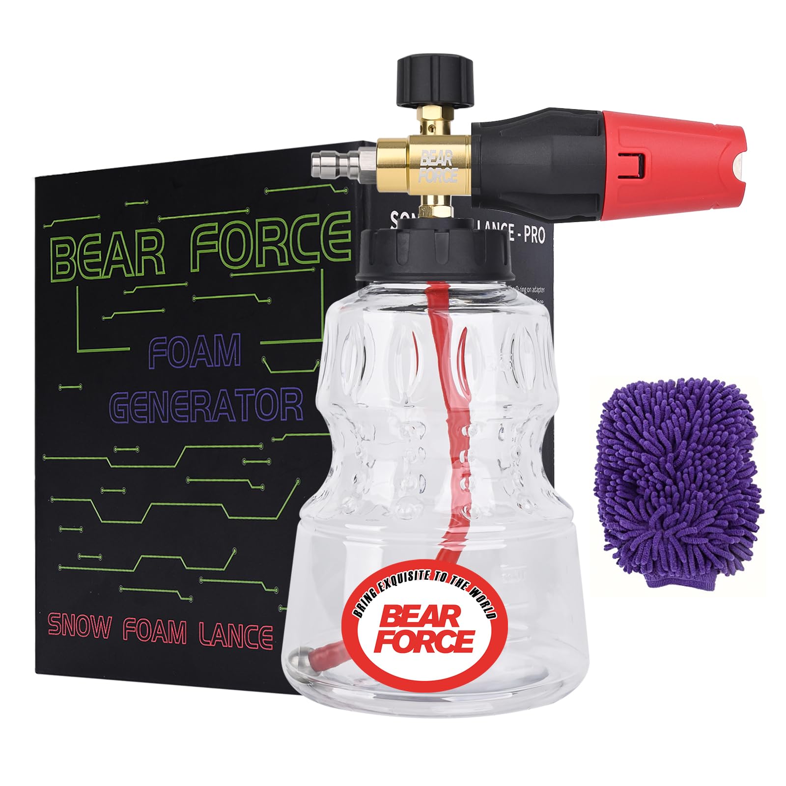 BEAR FORCE Pressure Washer Brass Foam Cannon Foam Generator Snow Foam Lance with 1/4” Quick Connector & 1.25mm & 1.10mm Orifice Nozzle, 360° Adjustable Thicker Snow Foam with 32 oz Soap Car Wash