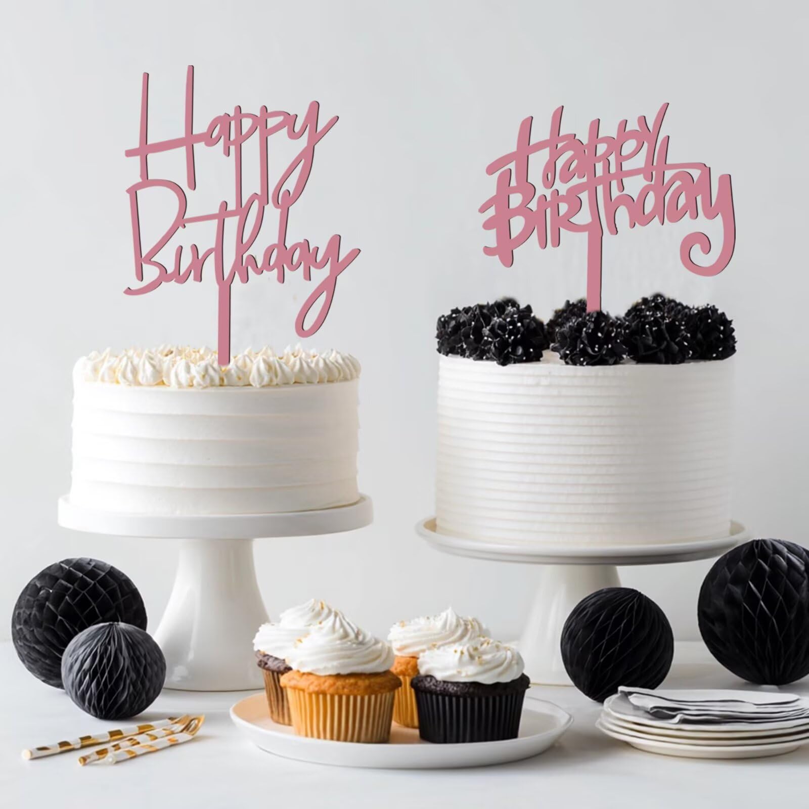 2 PCS Rose Gold Happy Birthday Cake Topper Acrylic Birthday Cake Decorations for Party Supplies