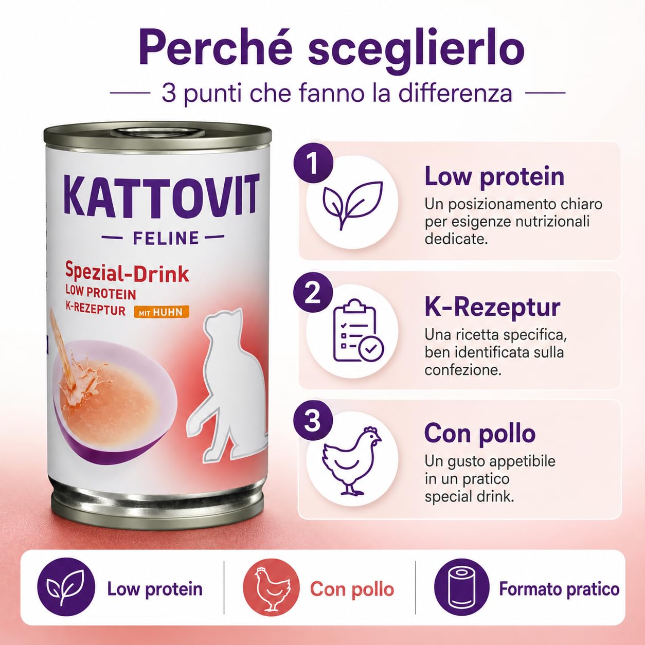 Kattovit Renal Drink Pollo per Gatti Adulti 12 x 135 ml, Bevanda Complementare con Succo di Carne e Filetto di Petto di Pollo, Supporto Liquidi e Benessere Renale