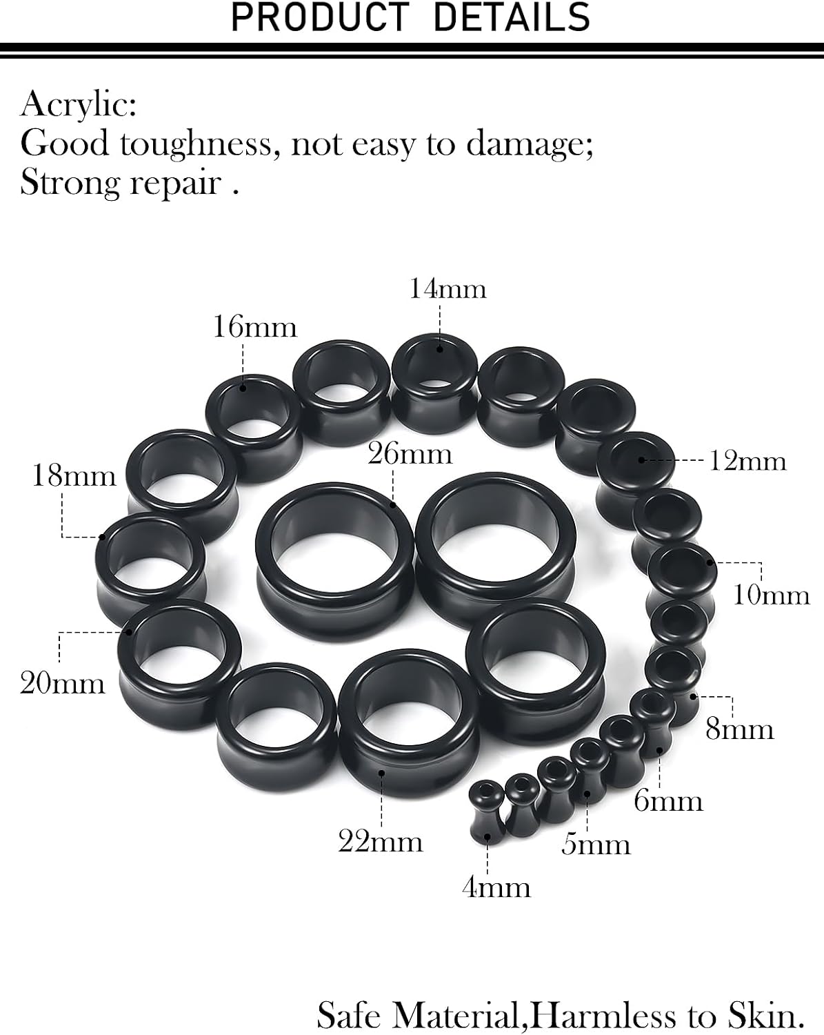 6G-26mm Acrylic Plastic Ear Gauges Tunnels Stretching Kit Double Flared Plugs Tunnels Expanders Stretcher Saddle Gauges Earrings for Men Women Black White Clear - Image 2