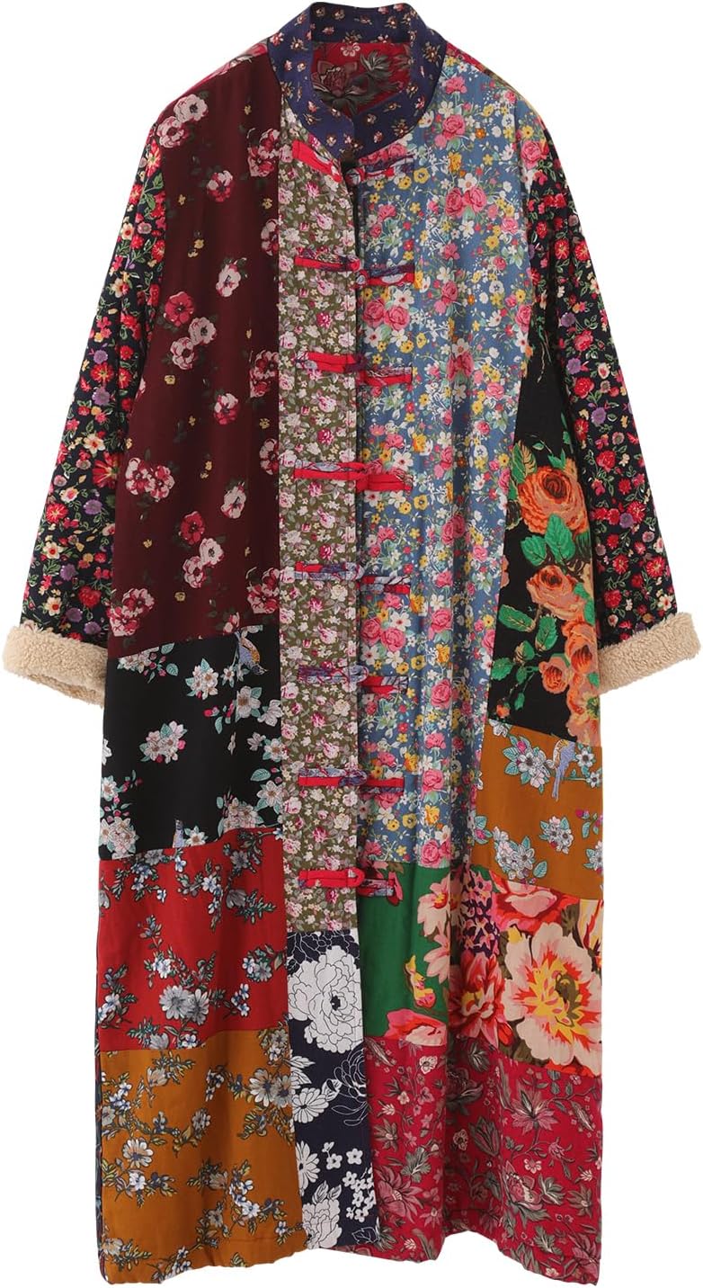 Women's Boho Floral Patchwork Fleece Coat Loose Long Fit Button Camo Trench Jacket with for Fall & Winter - Image 7