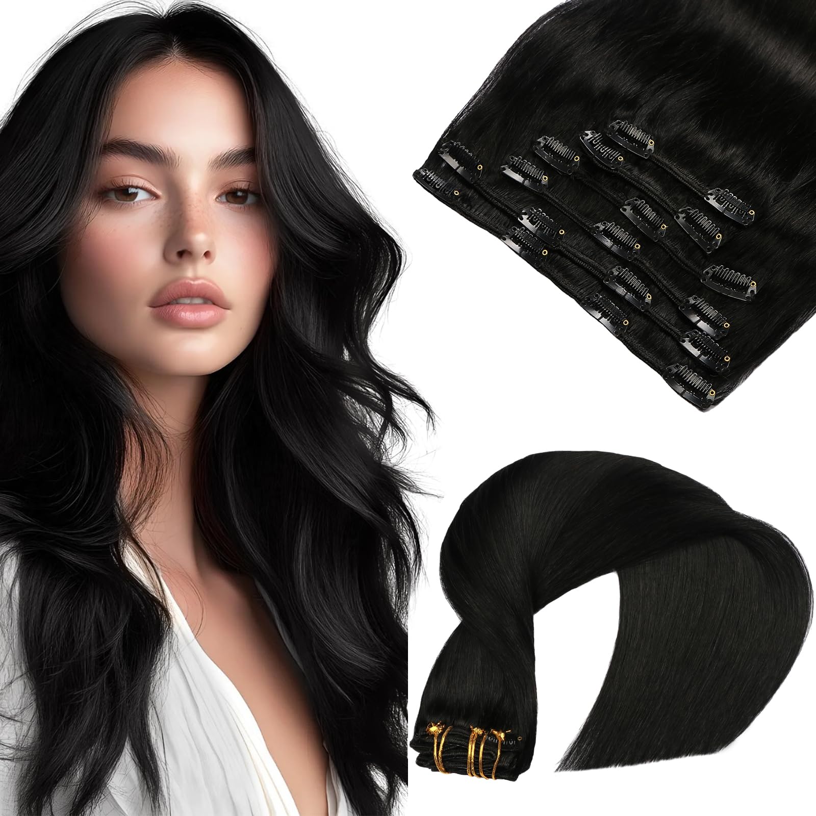 VINBAO Extension de cheveux à clips #1 noir de jais 16 pouces/40cm 100g 6pcs clip extension de cheveux humains remy dans les cheveux humains raides doubles tirés pour les femmes(#1-16pouces)
