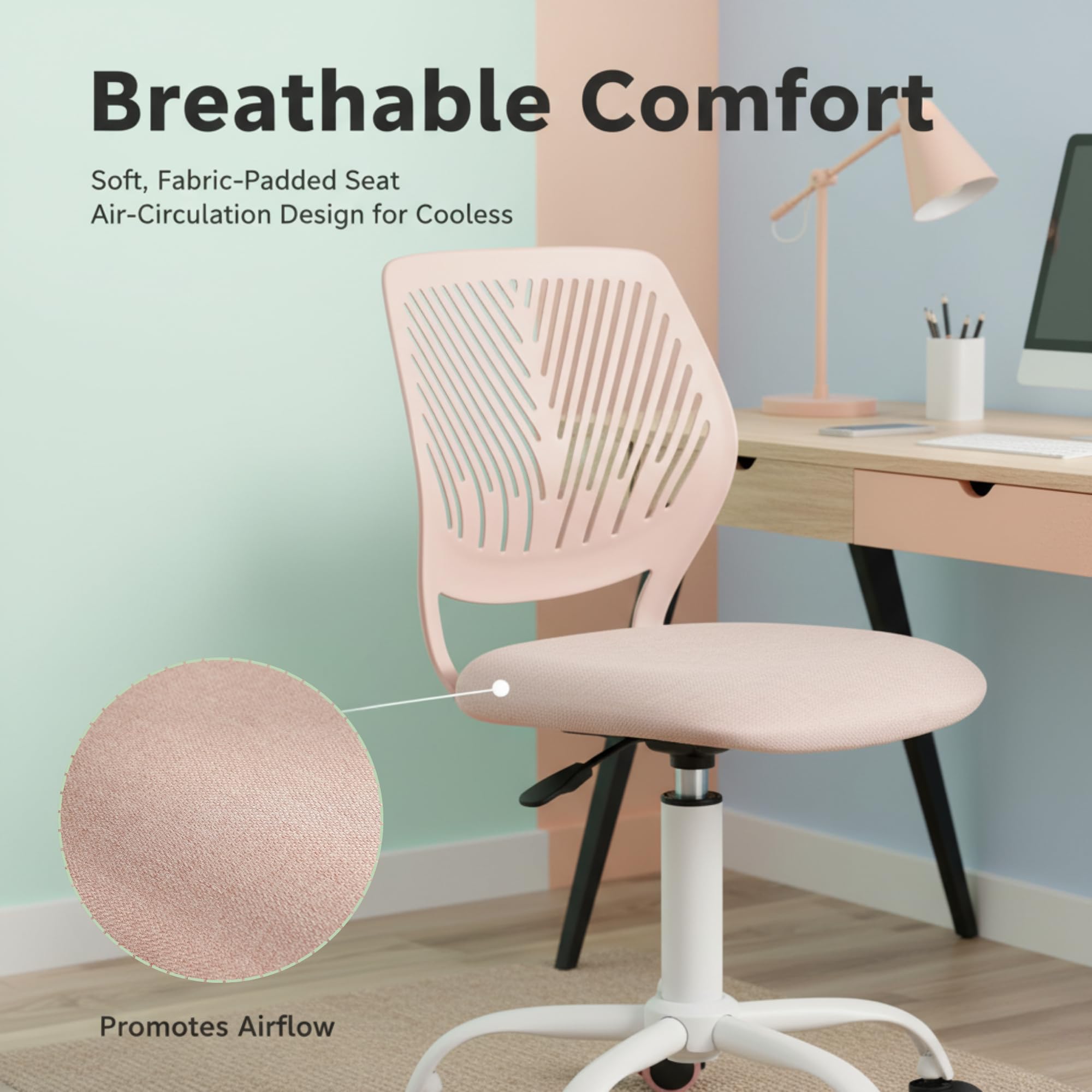Homy Casa - Silla de escritorio de tela ergonómica giratoria sin reposabrazos, altura ajustable, silla de oficina en casa para niños y adolescentes, rosa Morandi