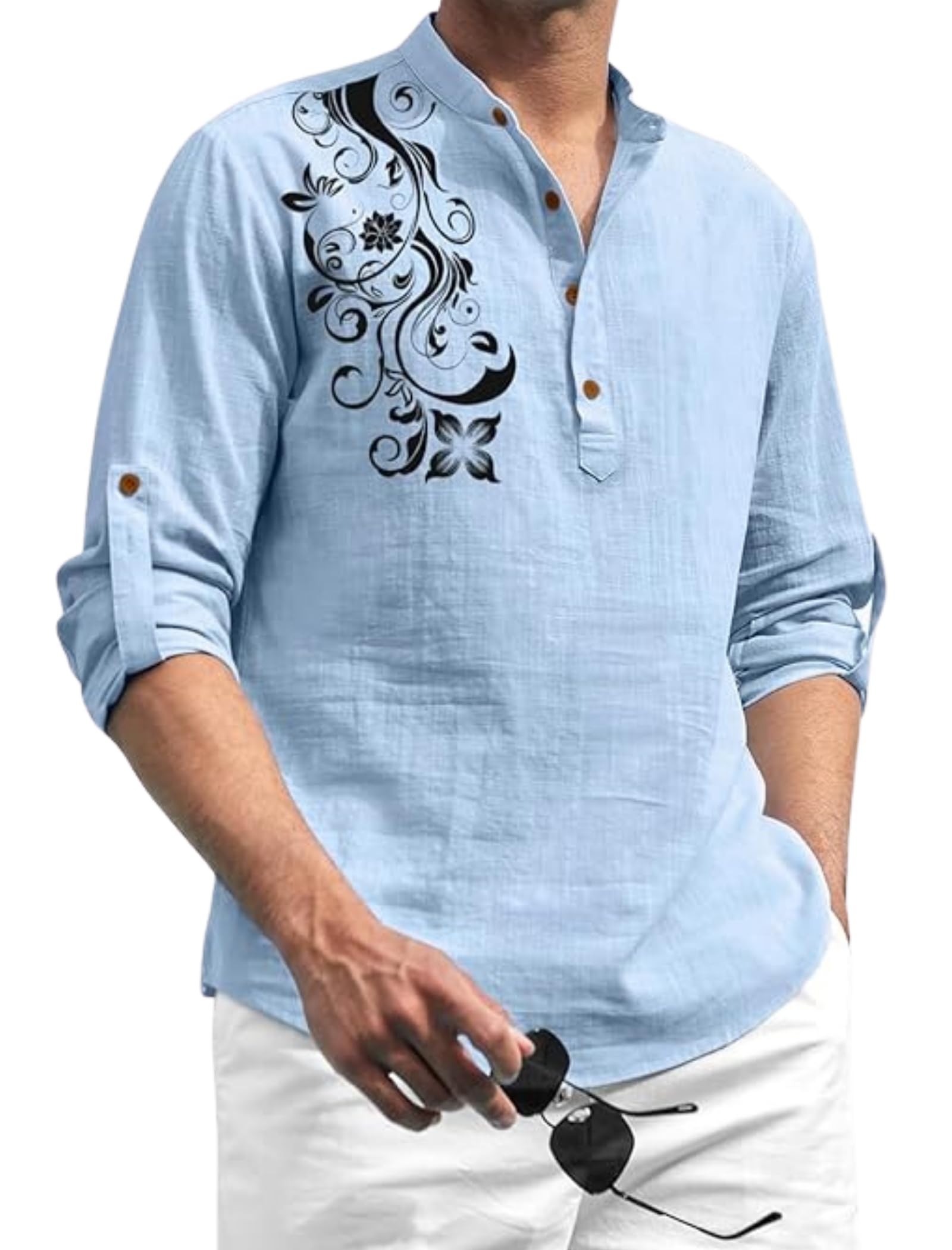 zombom Men's Cotton Polyster Blend Self-Printed Short Kurta Shirt | Full Sleeve Mandarin Collar Stylish Ethnic Kurta for Casual-picture-31