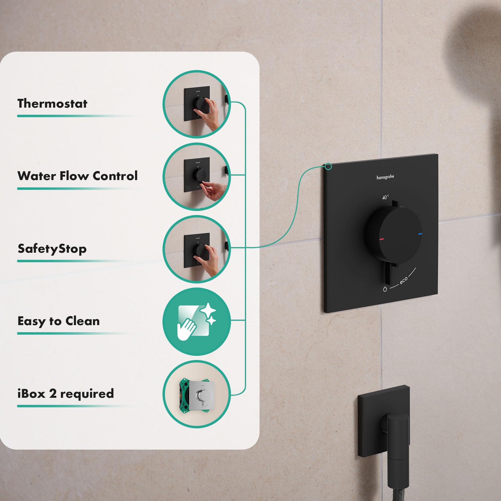 hansgrohe Ecostat Comfort E - termostato para ducha empotrado, grifo ducha con botón de seguridad (SafetyStop) a 40 °C, mezclador para 1 función, negro mate, 33710670