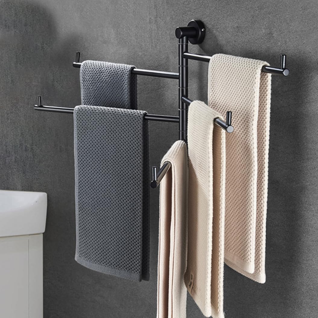 Toallero de baño Moderno Negro con Barra giratoria, soporta hasta 30 kg, Perchero de baño de 5 Barras con Brazo Plegable Giratorio para Montaje en Pared, Barra giratoria Que Ahorra