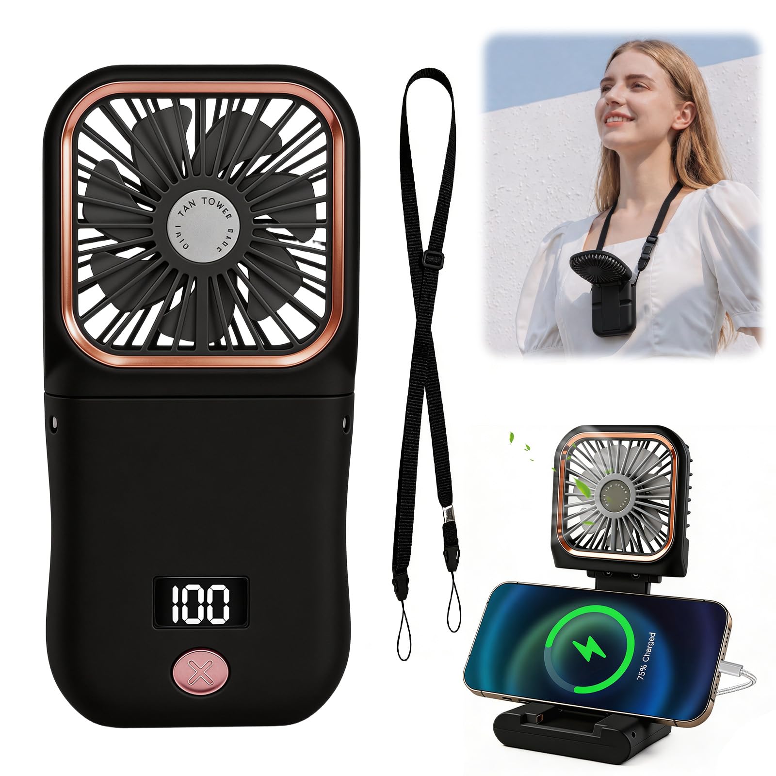 Ventilatore Portatile USB Pieghevole 270° – 3 Velocità, Leggero, Con Cordino, Batteria 1200 MAh – Ideale Per Viaggi, Concerti, Campeggio E Trucco (nero) - 4