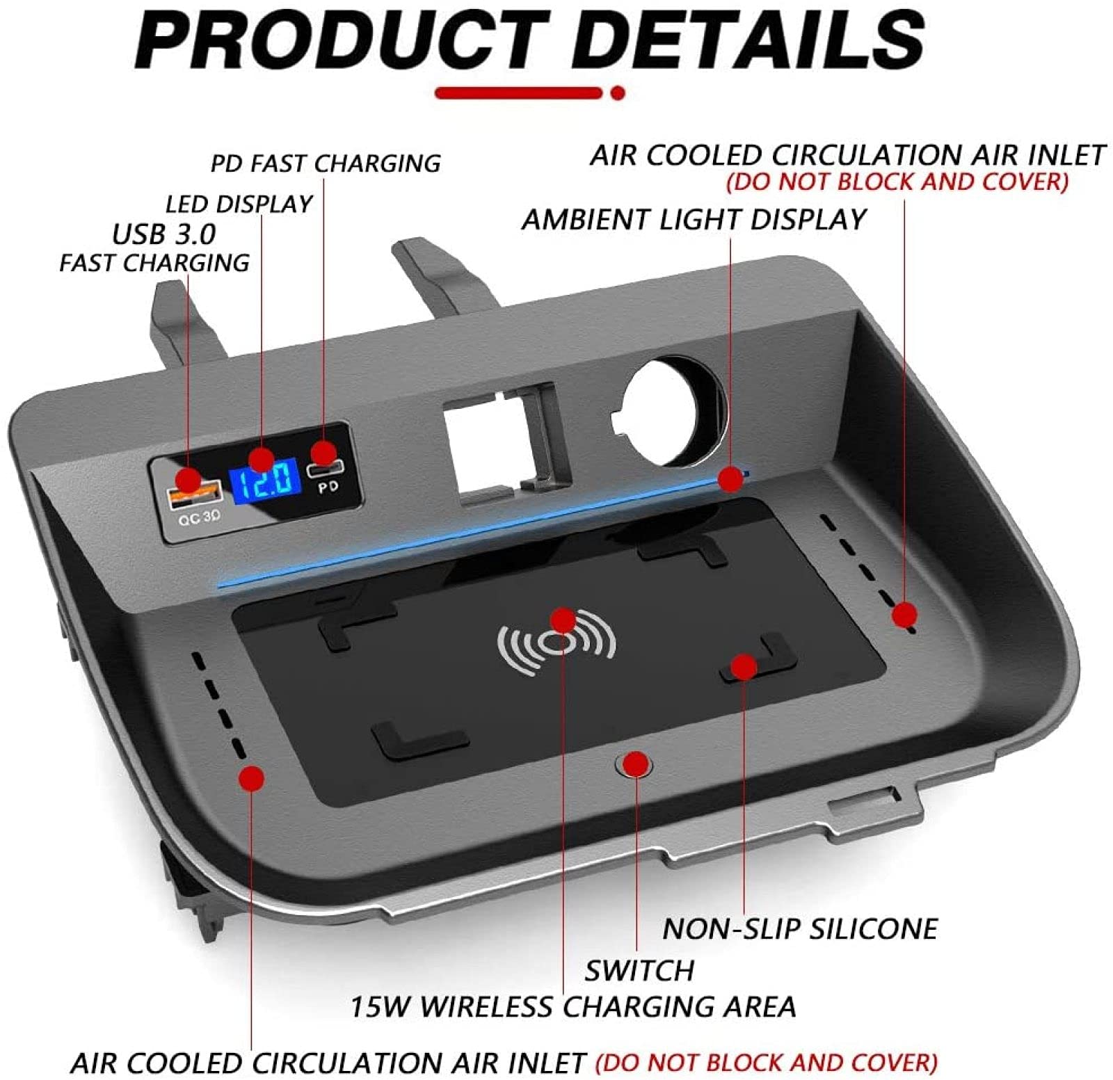 Cargador de coche inalámbrico para panel de consola central toyota RAV4 2020 2021, soporte para teléfono de carga rápida de 15 W con almohadilla de carga inalámbrica USB QC3.0 y PD, unidad derech