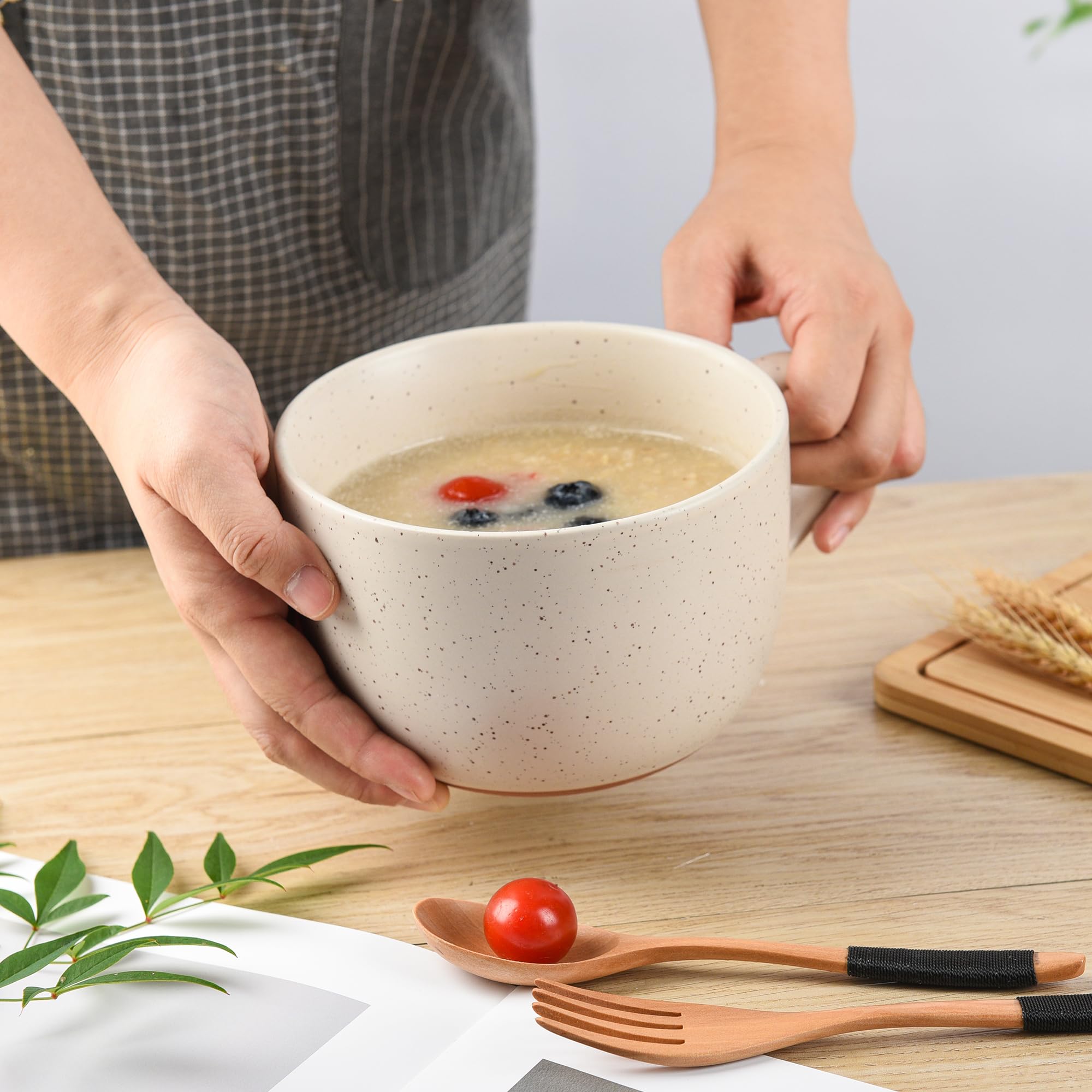 BYCNZB 38oz ceramic large Soup mugs with Hanlde for Coffee,Cereal,Salad,Noodles,Tea,Soup Bowls Cups,Microwave &Dishwasher Safe Set of 2 (Cream)