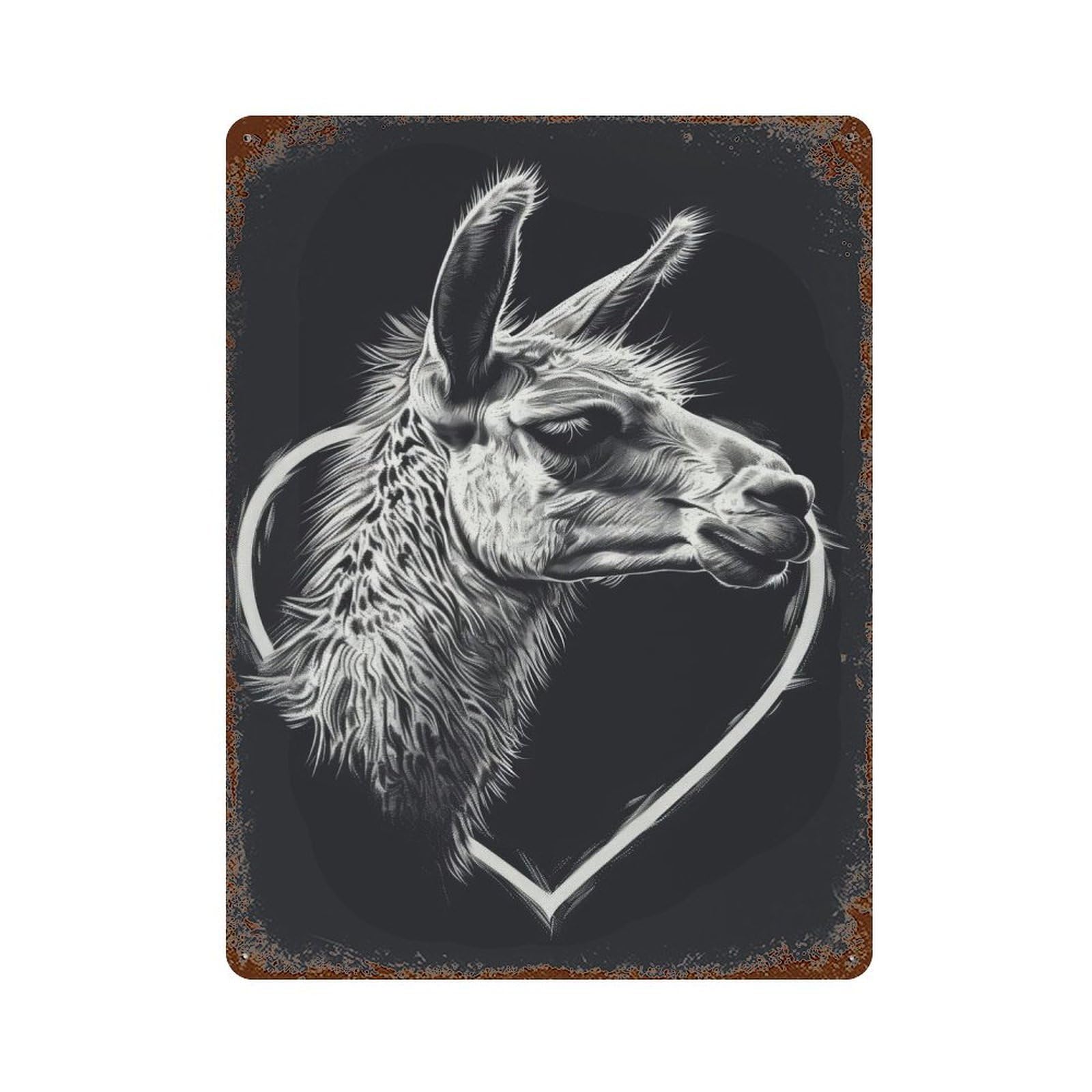 Rust Effect Llama Heart Rusty Metal Tin Sign 15.7"x11.8", Old School Wall Decor for Basement, Hobby Room And Garage Decor