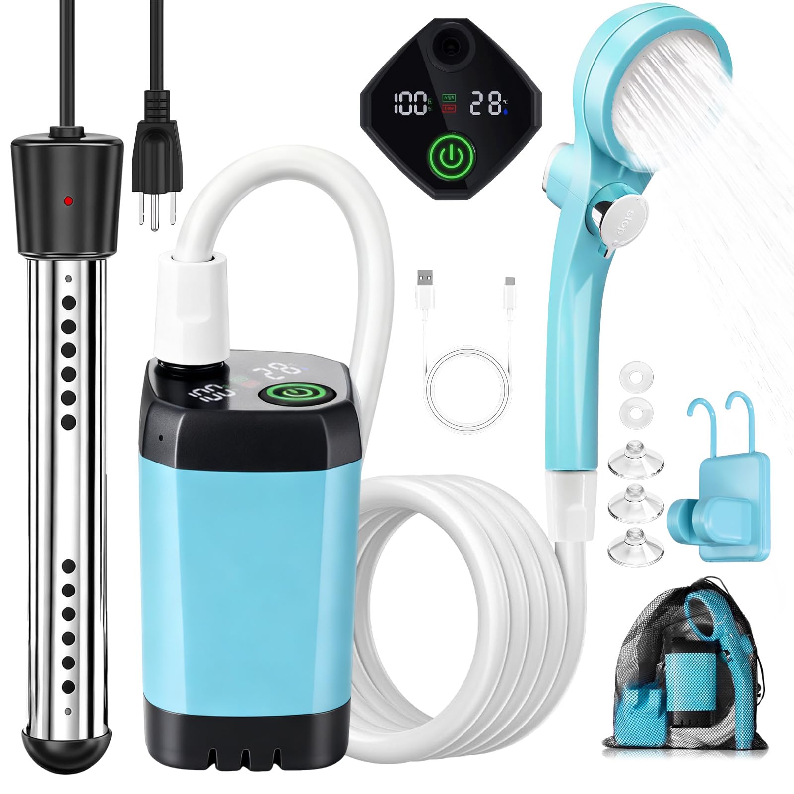 Portable Camping Shower with Heater, 6000mAh Rechargeable Portable Shower with 2000W Immersion Heater, LED Display, Heated Camping Shower for Travel, Hiking, Car, Pet