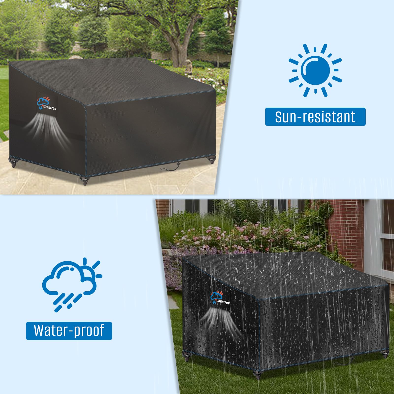 SIRUITON 131x69x65/89cm Copertura per Panca da Giardino a 2 Posti con Prese d'Aria,Telo Copri Panchina,Impermeabile,Antivento,Anti UV Tessuto Oxford 420D Resistente Copertura Panca Esterno- Nero