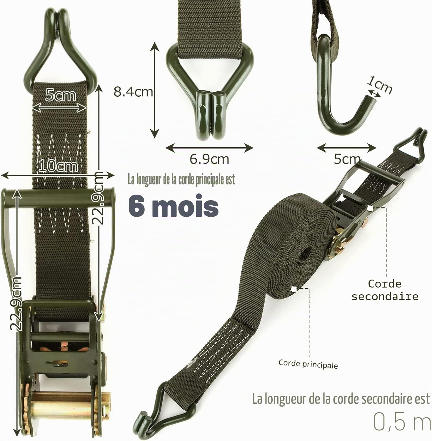 2 Pièces Sangle à Cliquet 3000kg 6m avec Sangle Cliquet et Crochets, Sangle 50 mm de Levage Sangle Crochet 3t, Sangle à Cliquet Verte pour Cargaison, Moto, Camions