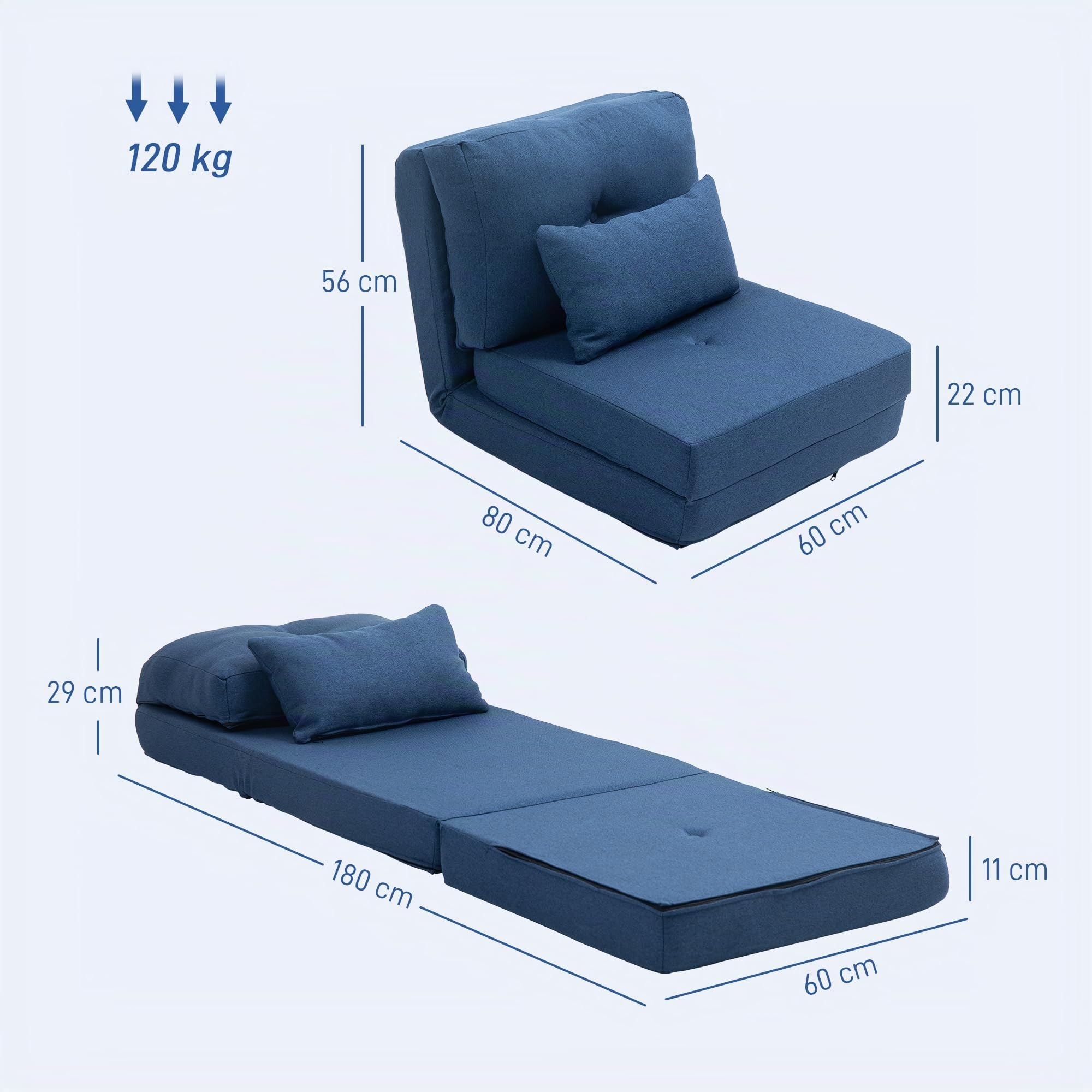 HOMCOM Sillón Convertible 1 Plaza Sillón Perezoso Cama Calentador 1 Plaza - Cojín Incluido, Respaldo Ajustable - Salón, Carga 120 kg, Tejido Lino Azul Oscuro