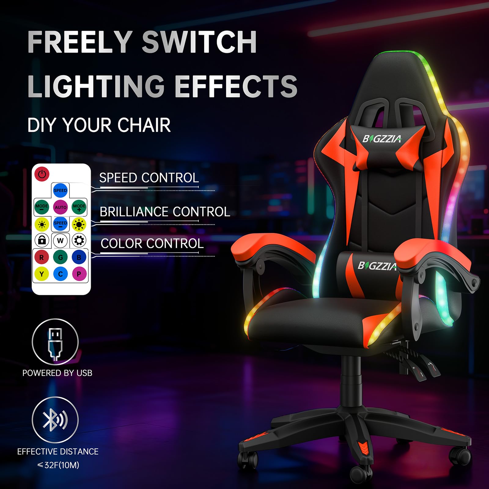 Silla para videojuegos con iluminación LED, silla ergonómica con luz RGB, reposacabezas ajustable y soporte lumbar, piel sintética, silla de oficina, altura e inclinación ajustable (negro y rojo)
