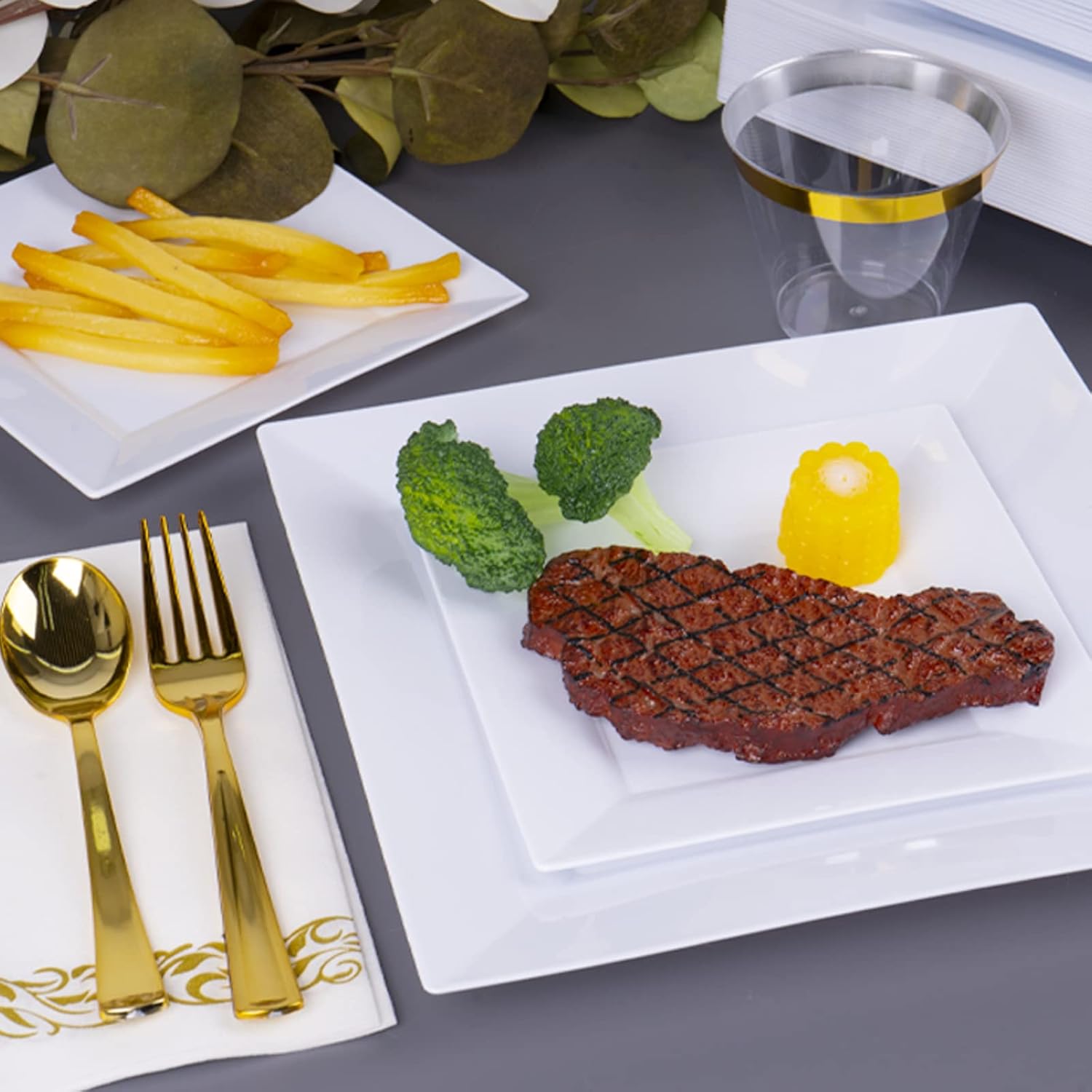 Goodluck 60 Pack Disposable Square Plastic Plates - Heavy Duty Dinner (9.5") & Dessert (6.5") Plates - Fancy for Wedding, Holiday, Birthday - White - Image 7