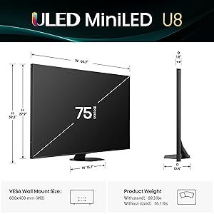 Hisense 75" Class U8 Mini-LED ULED 4K UHD Google Smart TV (75U8QG, 2025 Model) - QLED, Native 165Hz, VRR 288, Up to LD5600, 5000 Nits, HDR10+, Dolby Vision IQ  Atmos, IMAX Enhanced, 4.1.2 Ch Audio