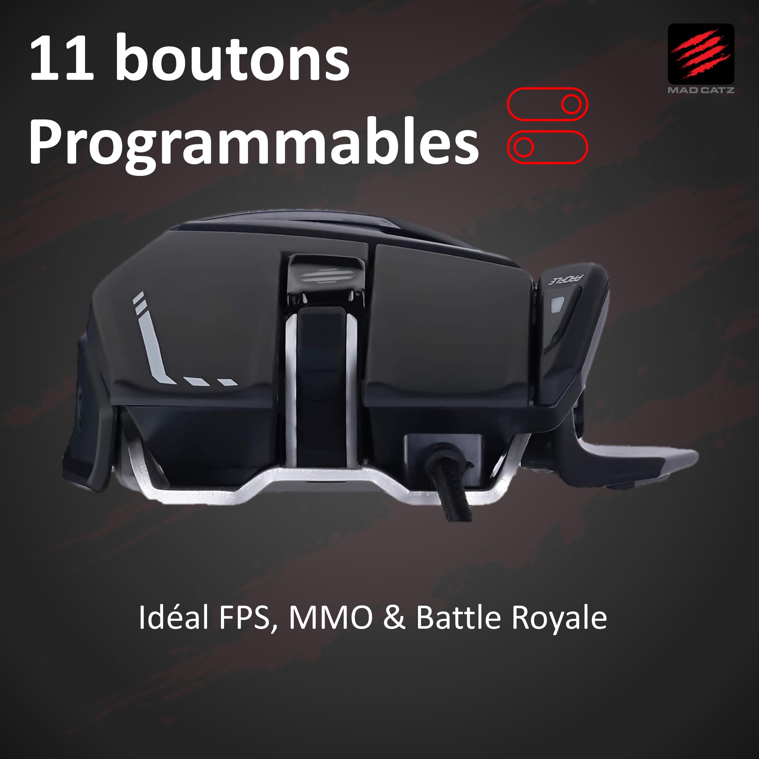 Mad Catz Rat 6+ Souris Gamer Filaire USB - Souris Ergonomique 11 Boutons Programmables - Capteur Optique Pixart3360 12000 DPI - Souris Gaming Pour PC Noir RGB Et Repose Poignet Reglable