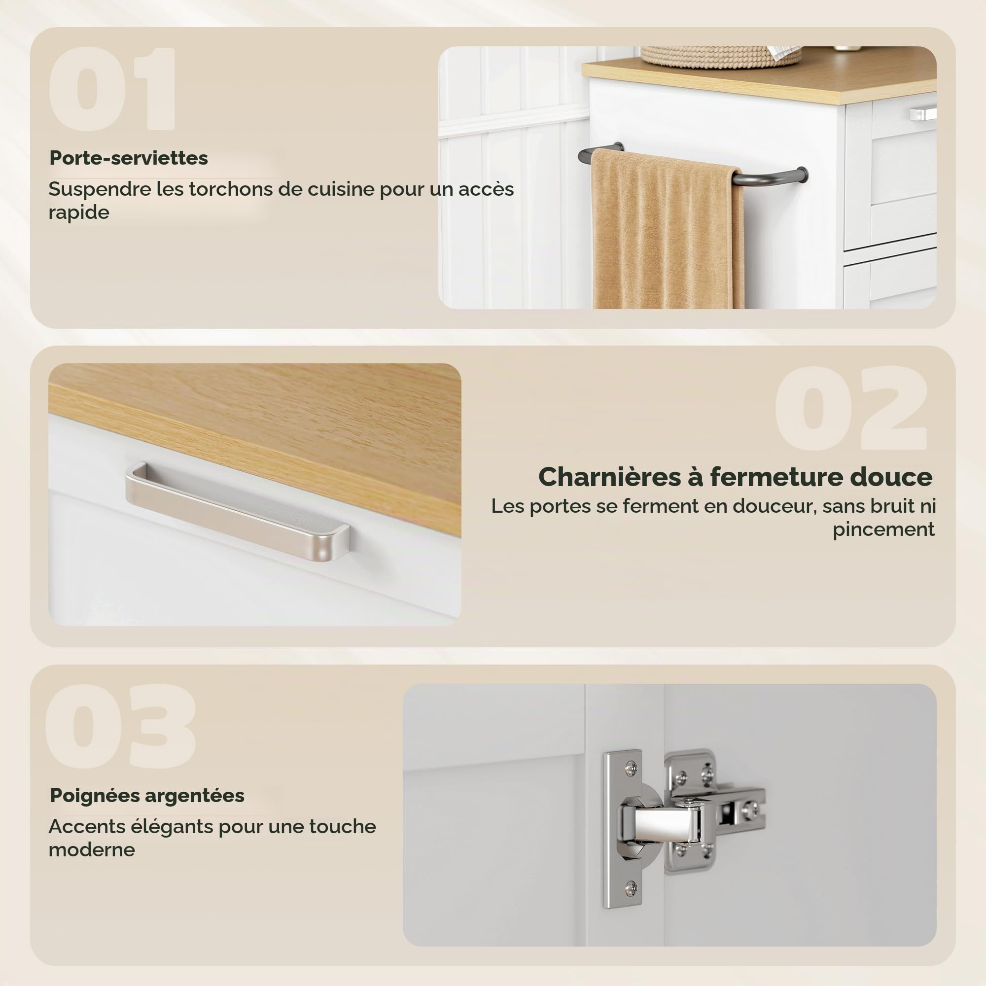 HOMCOM Chariot Cuisine Roulant, Portes Soft-Close, 62x40x87 cm, Blanc