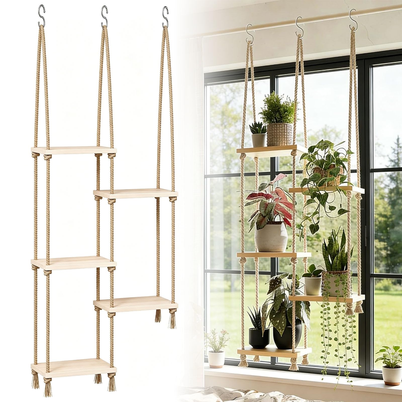 Hängeregal Pflanzen Holz Pflanzenregal Hängend Pflanzenständer mit 5 Etagen Wandregal Makramee Regal Wand Hängende Pflanzenaufhänger Schweberegal für Wanddeko Wohnzimmer Balkon Fenster