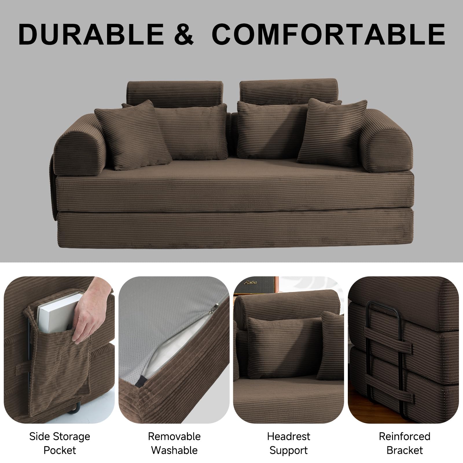 79" Convertible Futon Sofa Bed,High Back Boneless Couch for Living Room | 5-in-1 Corduroy Boneless Loveseat Sleeper, Futon Couch with Ergonomic Support & Side Storage Pocket, No Assembly,Brown