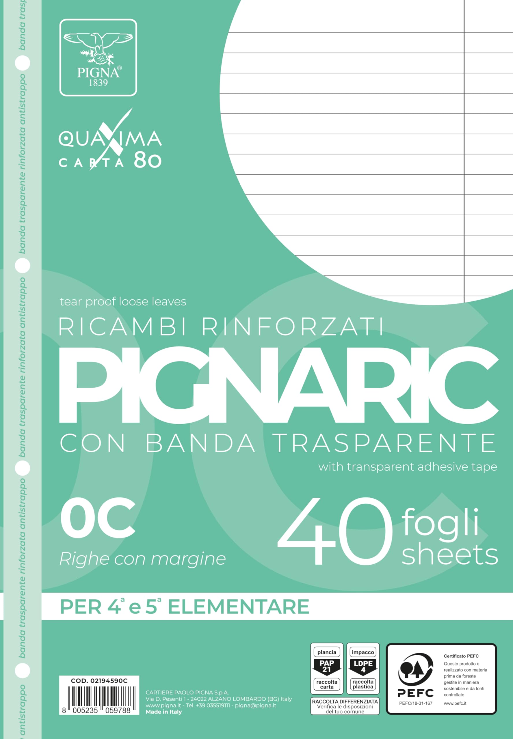 Pigna Fogli A4 21x29,7 con 4 fori per archiviazione, Confezione da 40 Ricambi, righe con margine