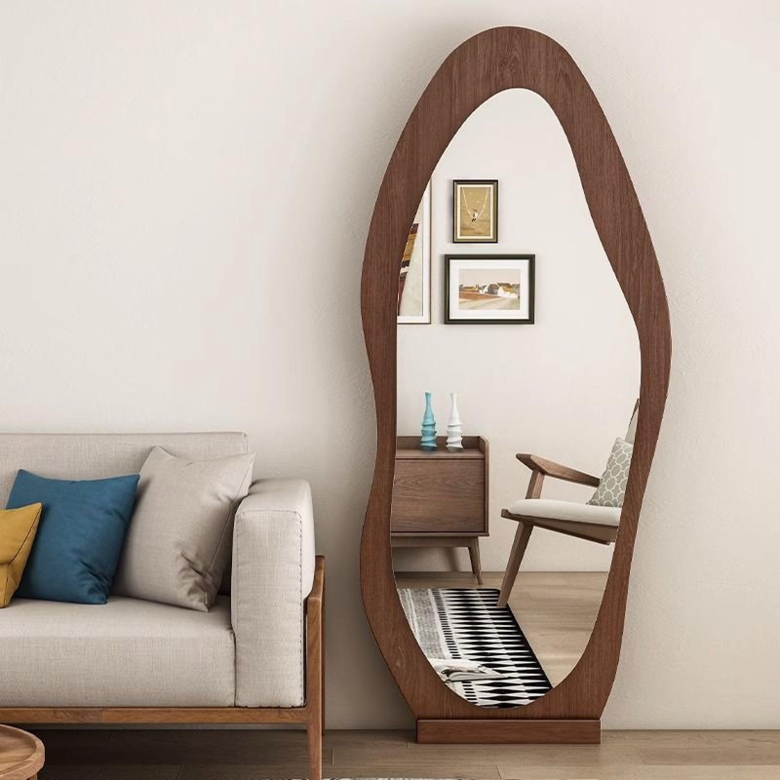 Irregular Full Length Mirror, 63" x 24" Floor or Wall Mounted, Hanging or Leaning Against Wall for Bedroom, Living Room Full Body, Brown