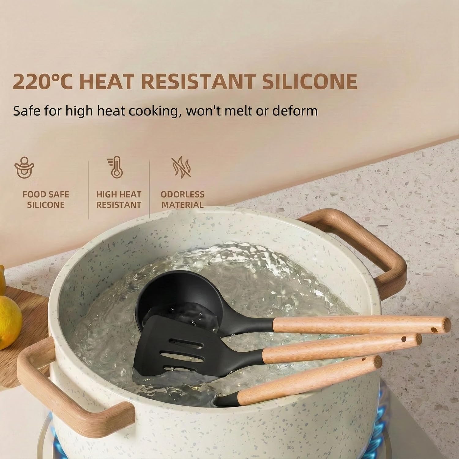 GREEVA 3 Pcs Silicone Kitchen Utensils Set, Heat Resistant Silicone Spatula Turner Set Wooden Spoons Kitchen Tools Cooking Utensils for Nonstick Cookware (3pcs Black) — Amazon image 8