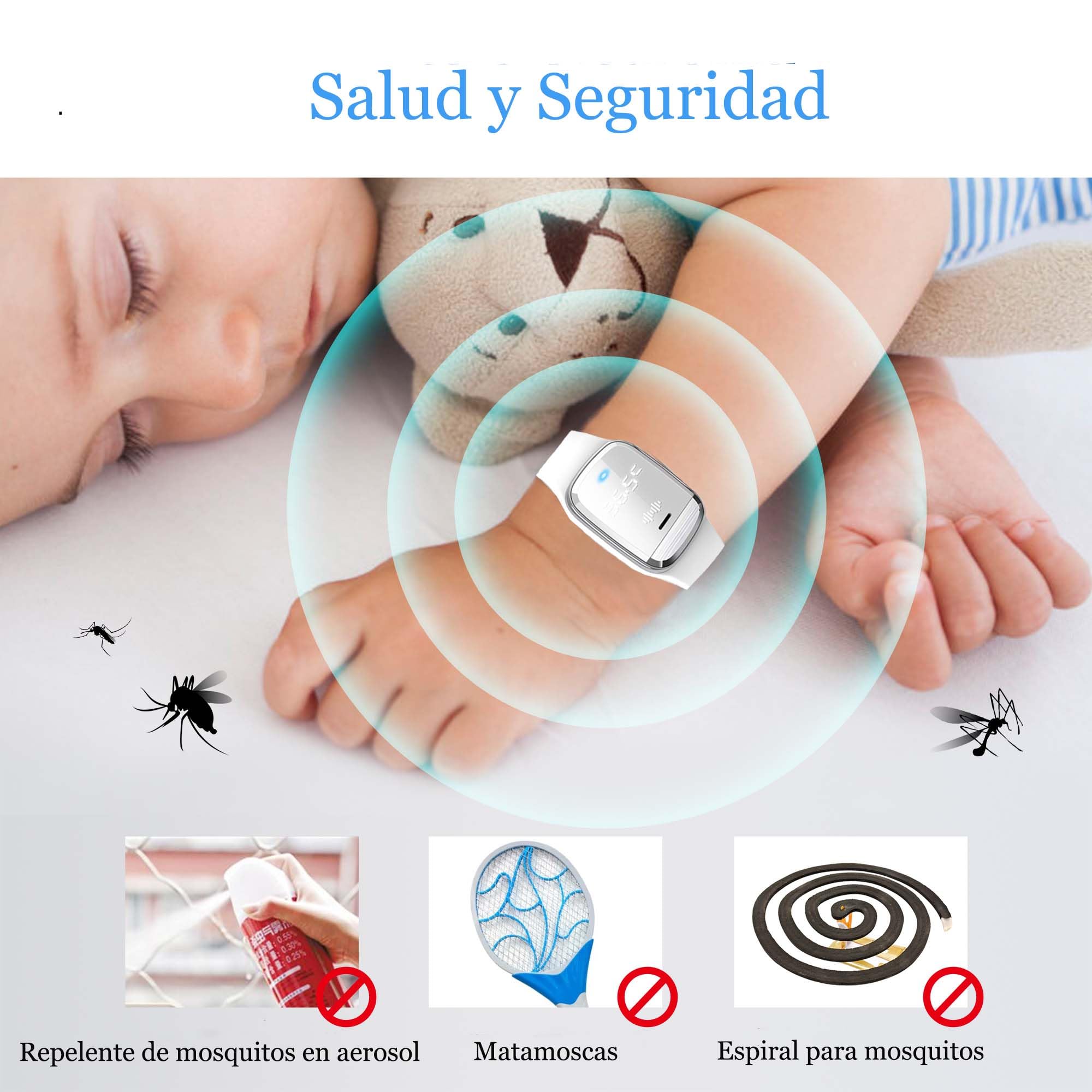 Pulsera Repelente de Mosquitos Ultrasónico Recargable USB Impermeable con Pantalla de Temperatura Corporal Blanco