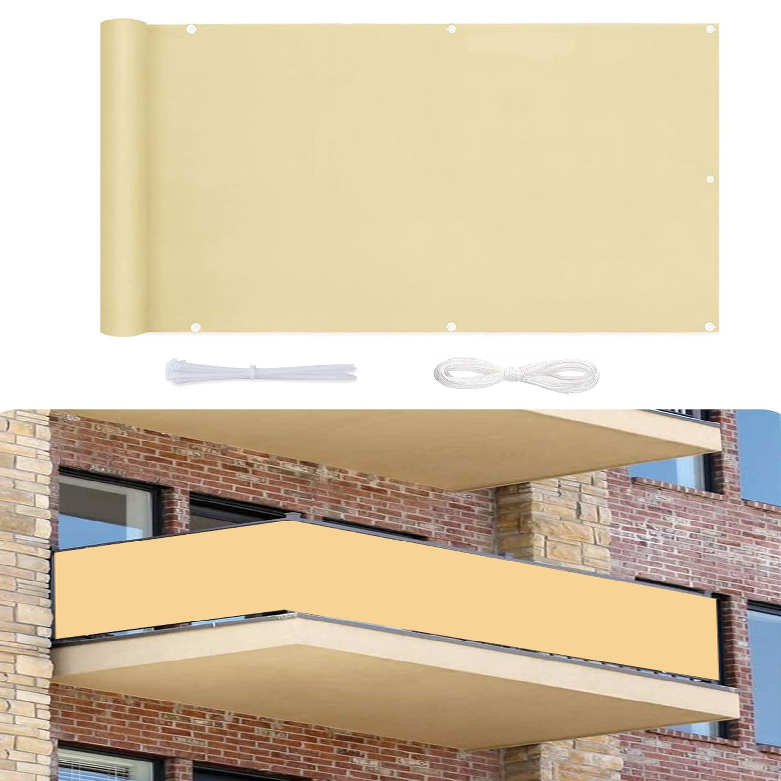 Ekrany ochronne na balkon, 1,1 x 7 m, ochrona przed promieniowaniem UV, wodoodporna osłona na ogrodzenie ogrodowe, balkon i taras, łatwe do czyszczenia, kremowy kolor
