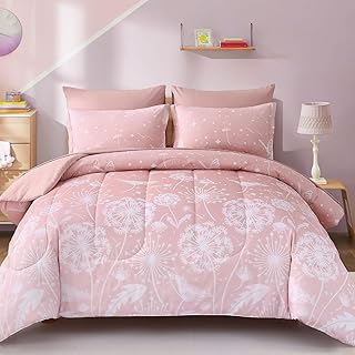Menghomeus Girls Comforter Set Full Size 7 Pieces Bed in A Bag Ombre Pink Bedding Set Dandelion Butterfly Print Kids Bedding Collections
