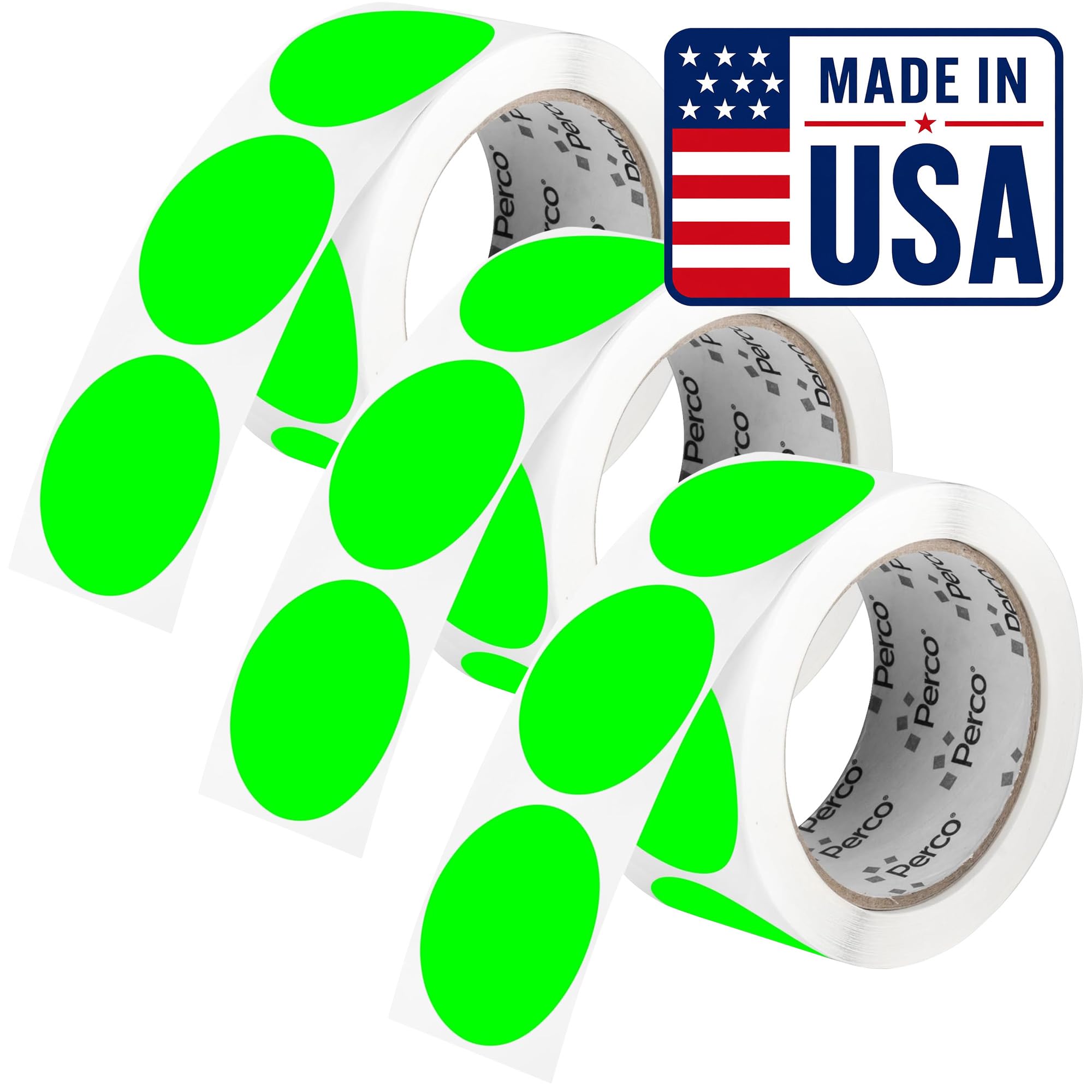Perco Neon Green Perforated Round Circle Dot Sticker 2-Inch Labels — 3 Rolls, 1,500 Stickers - in Stock, Ready &amp; Promo Labels, High Visibility, Strong Adhesive—Made in USA