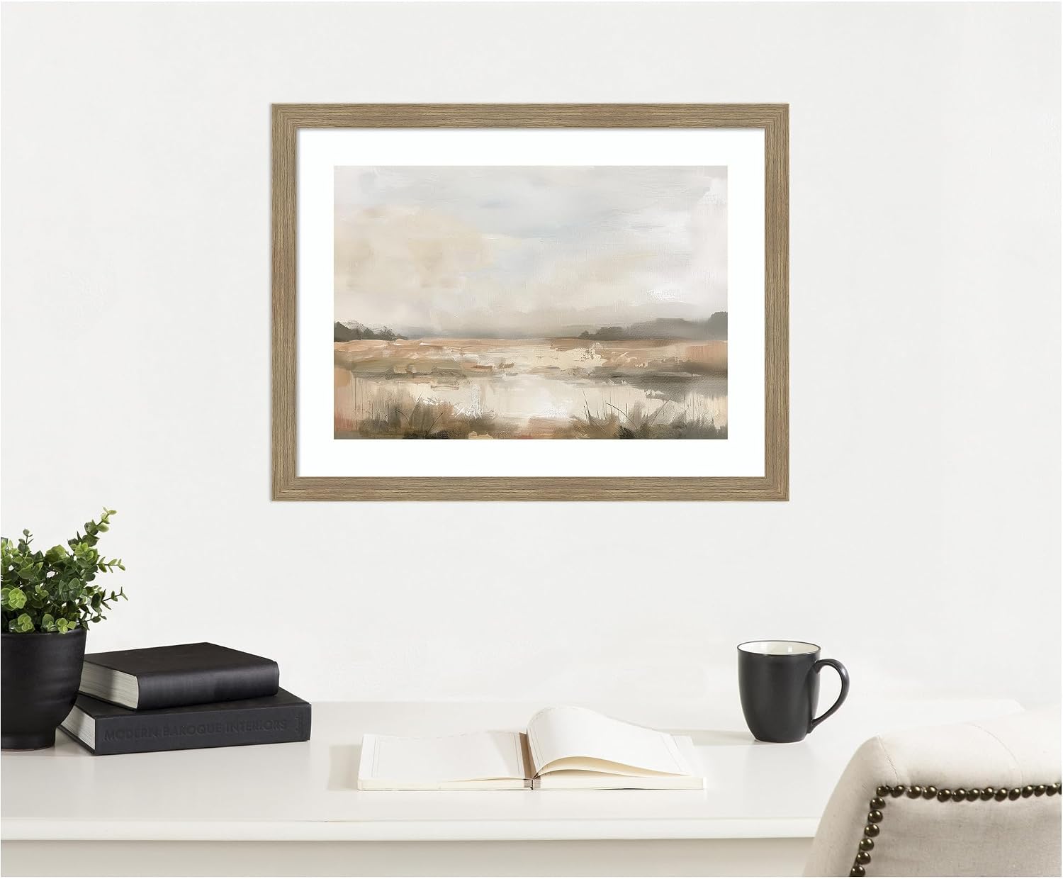 Kate and Laurel Framed Wall Art Print Neutral Abstract Landscape by The Creative Bunch Studio, 26 x 20, Woodgrain Stripe Mocha Frame, Modern Contemporary, Landscape Art for Wall Decor