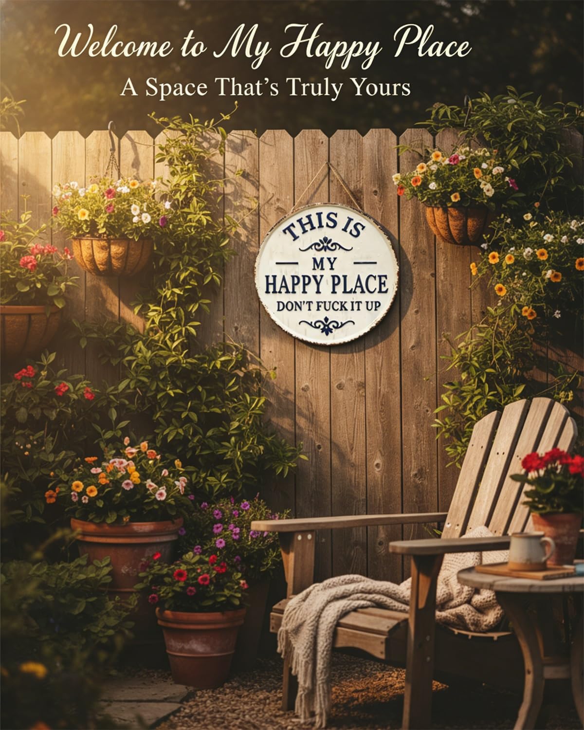 Happy Place – Vintage Statement Metal Sign,“This Is My Happy Place Don’t Fuck It Up” Round Garden Wall Decor, Hanging Decorative Signs & Plaques, For Front Door Home Office Bedroom Kitchen(Large) - 3