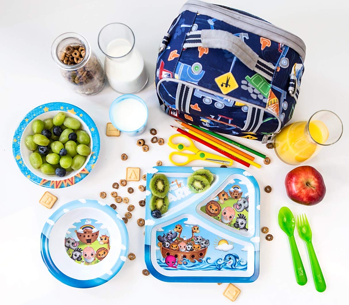 He Loves Me Kids Feeding Gifts Set Noah's Ark 4 Piece Sets Toddler Dishes Multicolor, BPA Free, Kids Dinnerware Sets Includes Divided Plate, Round Bowl, Round Plate and Children’s Tumbler Cup