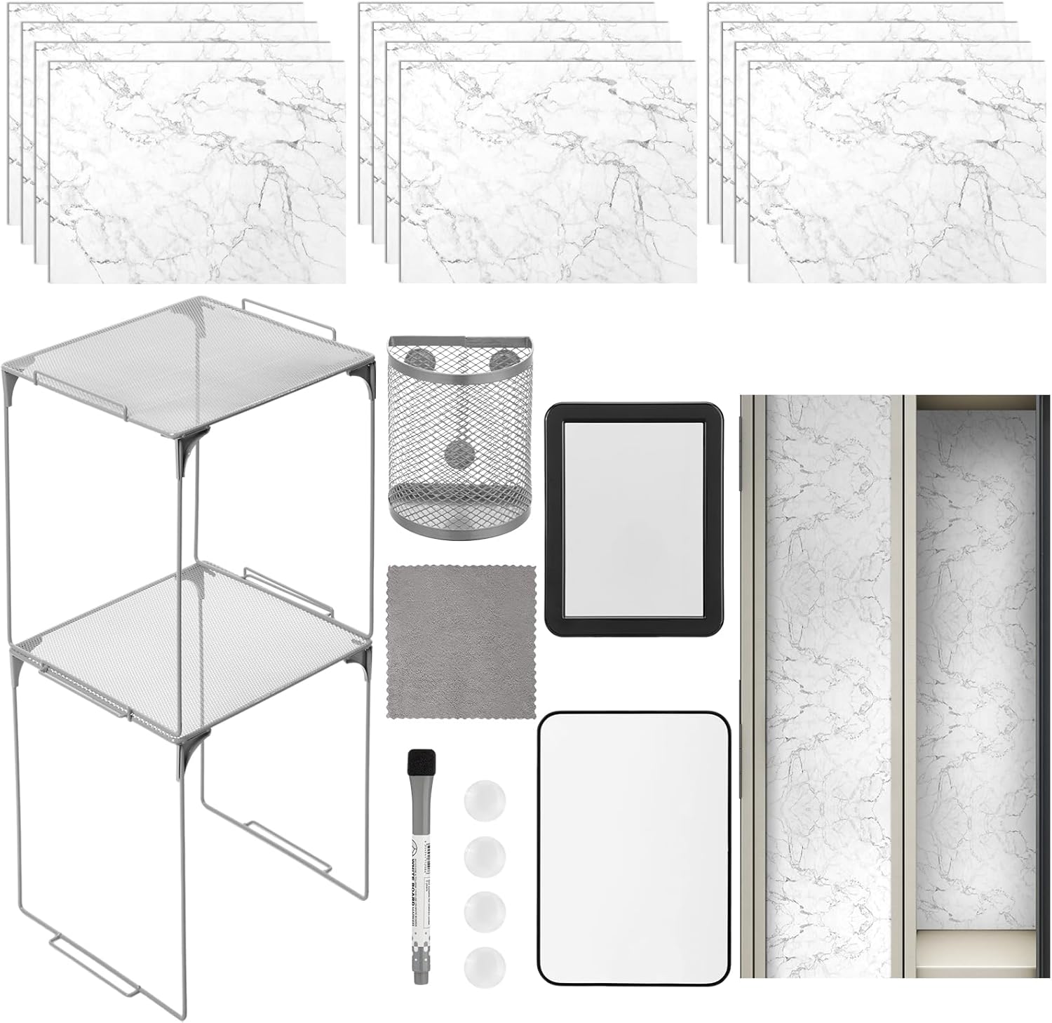 Tinideya 11 Pcs Locker Accessories with 12 Magnetic Wall Papers Locker Organizer and Decorating Kit for First Day of School Essentials Mirror Markers Whiteboard Shelves Magnets(Gray)