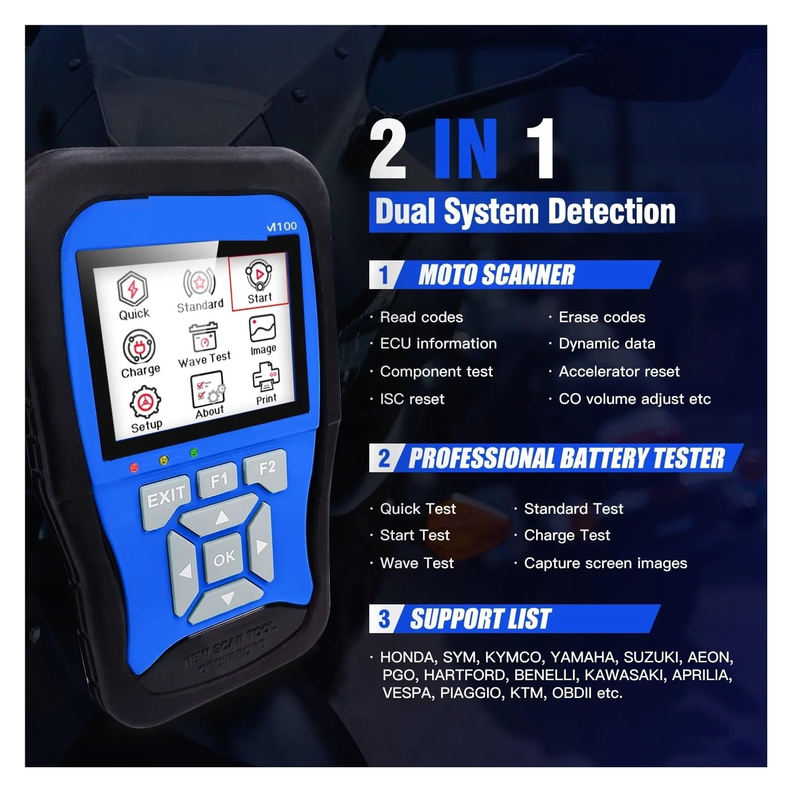 Narzędzie diagnostyczne do skanowania motocykli M100 w wielu językach Moto Scan Tester,Przyjazny dla użytkownika