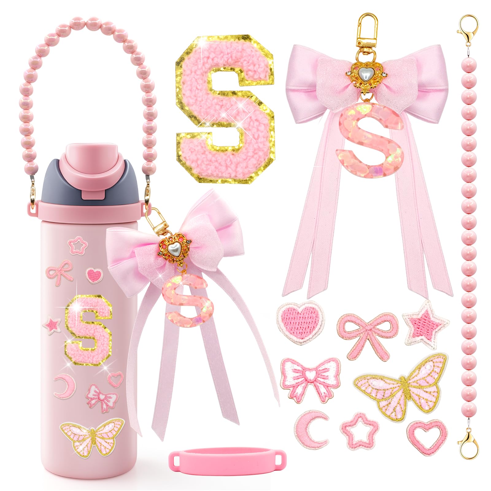 LBU 12PCS Letter Accessories for Owala Water Bottle 24/32/40oz with Cute Initial Sticker, Bow Alphabet Letter Keychain, Peral Handle Strap, Decorations for Owala Freesip Tumbler (Letter S)