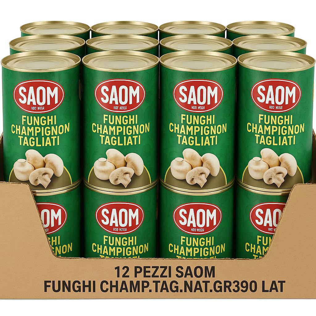 Saom Funghi Champignon Tagliati e Lessati al Naturale – Confezione da 12 Lattine da 390g – Funghi in Scatola Pronti all’Uso per Pizza, Insalate, Primi Piatti, Contorni e Ricette