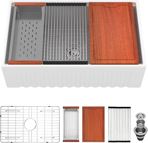 Miniatura 2 de Fregadero de cocina blanco de 33 pulgadas, delantal curvado frontal de arcilla refractaria de cerámica, porcelana, cuenco individual de cocina de