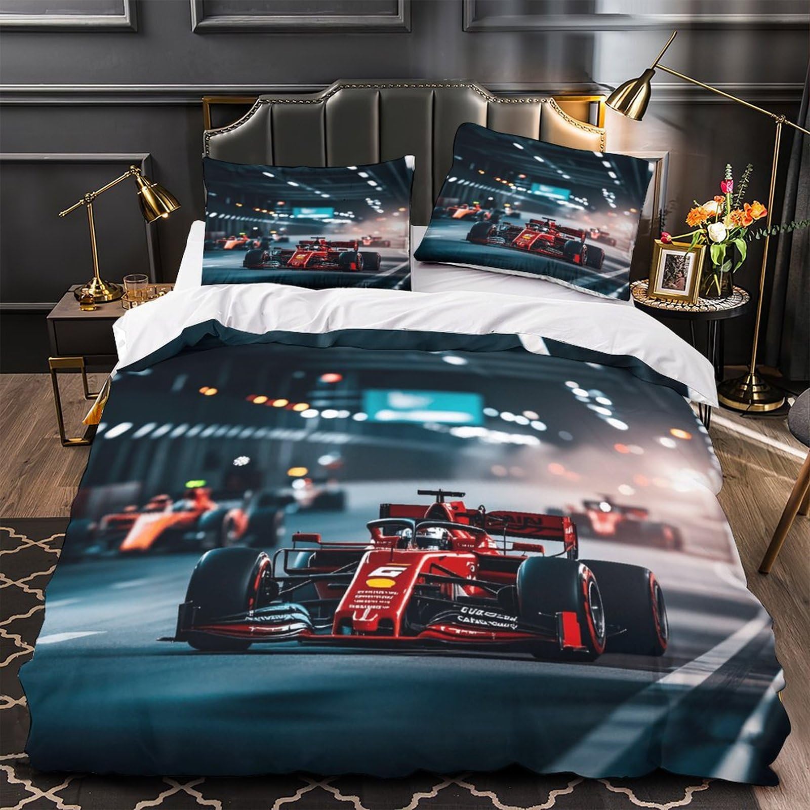 3U6C4M9K Breathable Formulaa Racing Design Duvet Cover Set with Hidden Zipper, King（220x240cm） Racing Car Quilt Cover Set with Pillowcases, Soft Racing Car Theme Bedding Set